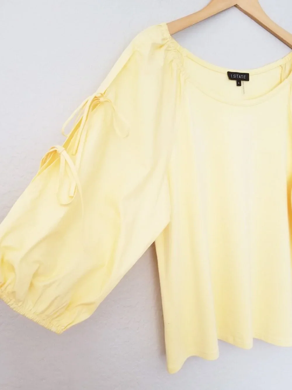 1. State Women' L Butter Yellow 3/4 Balloon Sleeve Tie Bow Blouse Top Coquette - Picture 9 of 14